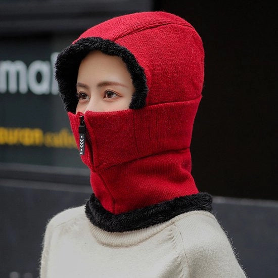 Cappello da bivacco per donne con cappuccio di fleece, visiera per bicicletta e sci, cappello caldo per inverno, sciarpa per il tempo freddo