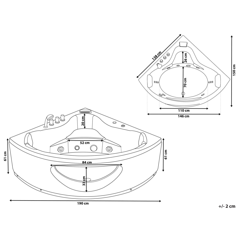 Vasca Idromassaggio Angolare Bianco Sanitario Acrilico con Luci LED 10 Getti Massaggio 190 x 138 cm Stile Moderno