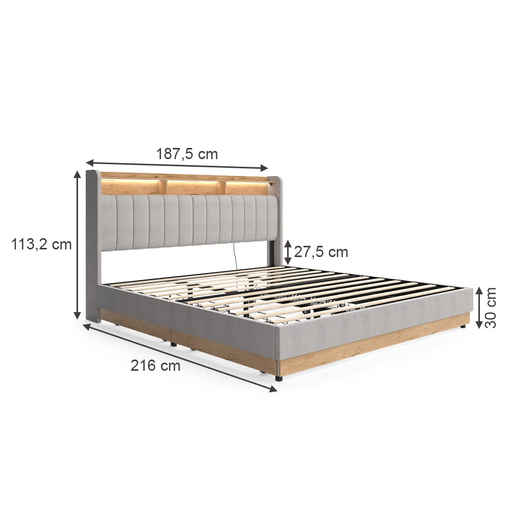 Vitalispa Letto imbottito Grigio 180x200 cm con 4 cassetti