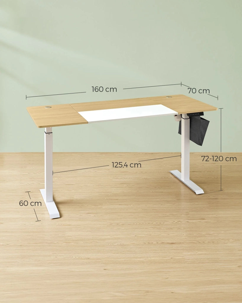 Scrivania elettrica sit-stand 70 x 160 x (72-120) cm tavolo regolabile in altezza con funzione memory 4 posizioni di altezza tasca portaoggetti struttura in acciaio piano spesso bianco puro e grigio tortora 12_0004550