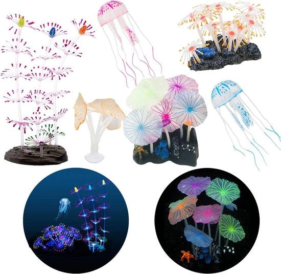 Decorazione Acquario Set da 6 Pezzi Pianta Acquario Luminosa, Finto Pesciolino Medusa e Cappello di Fungo Siliconico Radiante, Adatto per Acquari