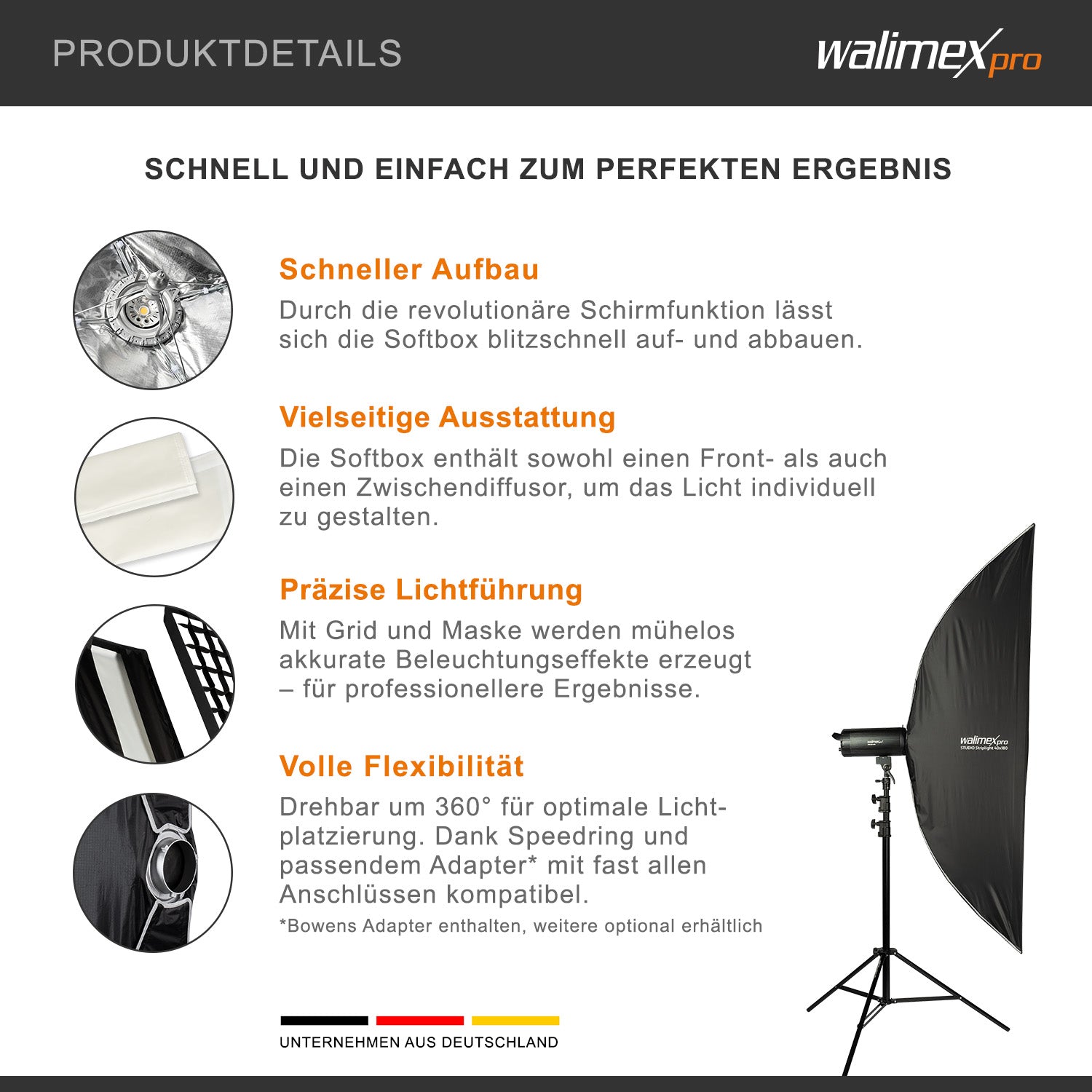 Studio Striplight Softbox 40x180cm + adattatore softbox per Elinchrom (diametro esterno: 15,2 cm), facile da montare grazie alla funzione ombrello, include griglia, maschera, adattatore