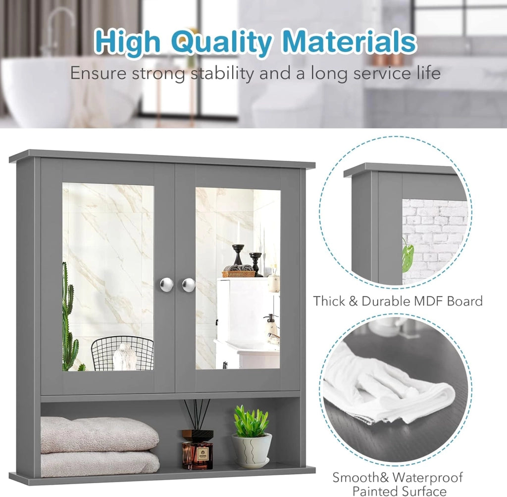 Armadietto Bagno a Parete, Mobiletto Pensile in Legno con 2 Ante di Specchio, 3 Ripiani di Stoccaggio, 3 Colori Disponibili, 56x13x58cm