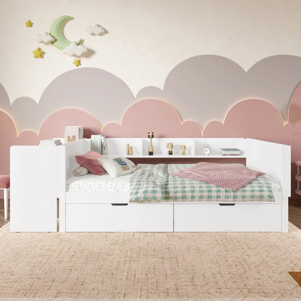 Letto singolo 90×200 cm con scrivania; 2 cassetti e ripiani; senza materasso; legno; bianco
