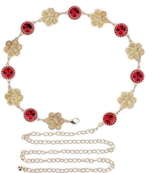 Catena Riem Extra Grande per Donne Oro e Rosso - 133cm Catena Body per Feste e Abbigliamento Casual - Accessorio di Gioielleria XX-Large