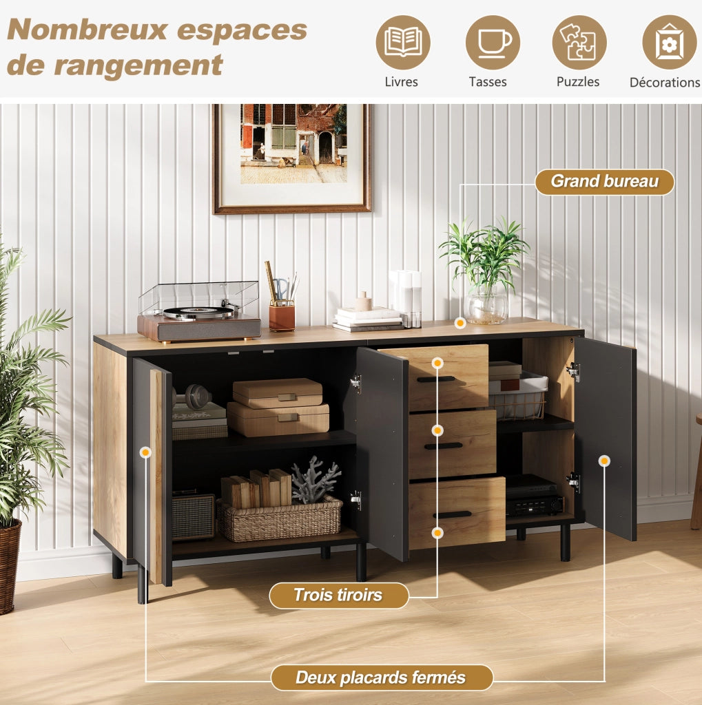 Credenza moderna 140x35x70 cm in MDF con 3 ante e 3 cassetti; nero e legno