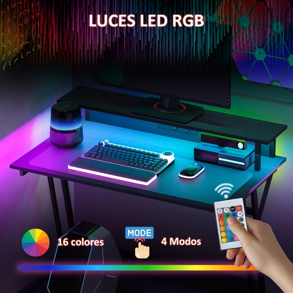 Scrivania Gaming con LED e Supporto Monitor ¨C Zephmum ¨C Nero 100x60x75 cm