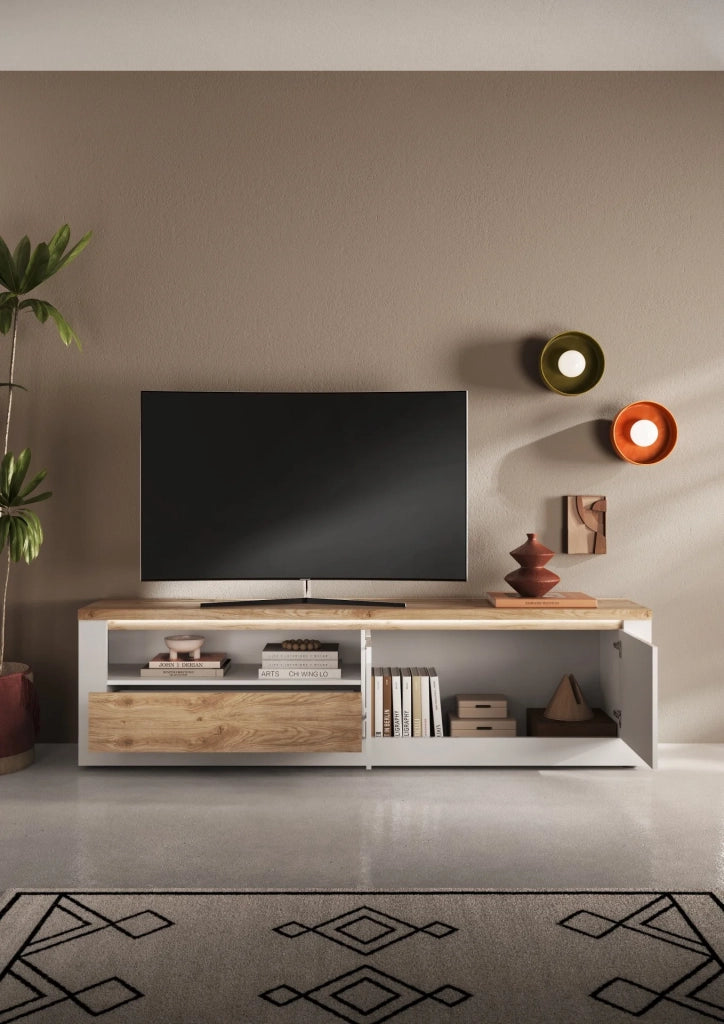 Mobile Porta TV ISCHIA 2 ante 1 cassetto 1 vano a giorno, impianto Led a sfioro, L210 x H58 x P43, legno 100% MADE IN ITALY, design moderno per cucina, sala da pranzo, soggiorno