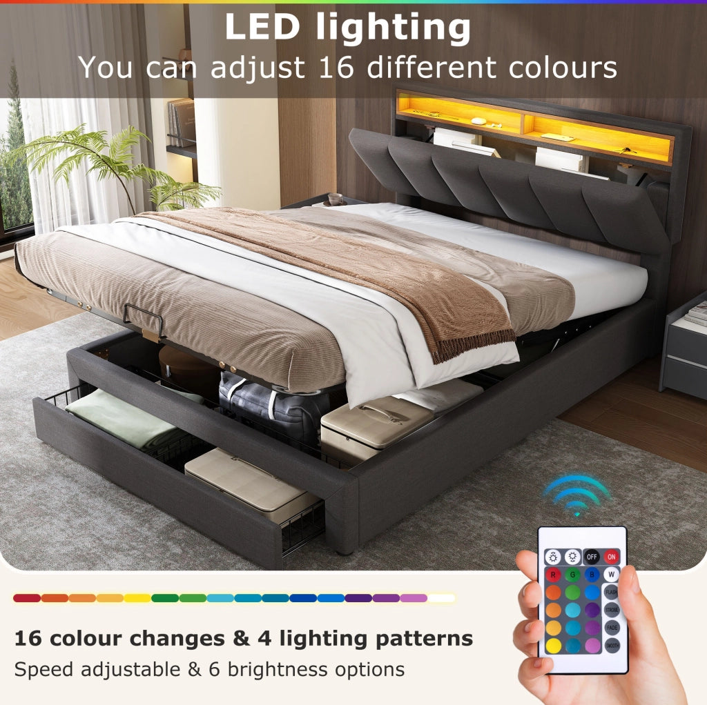Letto imbottito 140 × 200 cm con LED regolabile e vano contenitore; lino grigio