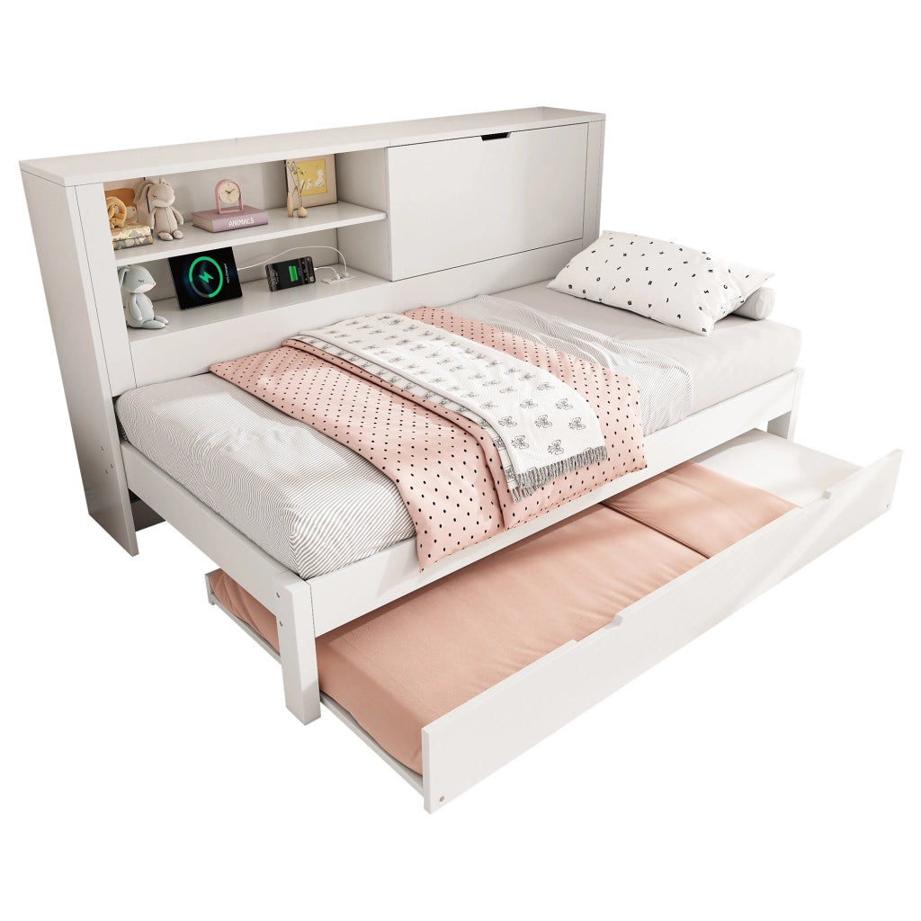 Divano letto singolo 90x200 bianco estraibile 90x190 vano e ripiano USB/Type-C doghe