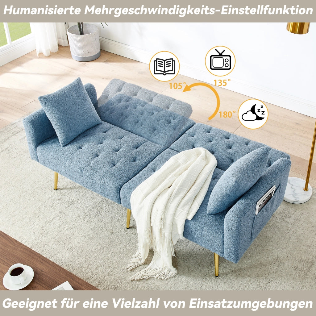 Divano a 2 posti con schienale reclinabile a 3 livelli e 2 cuscini, gambe in metallo dorato, teddy fleece blu