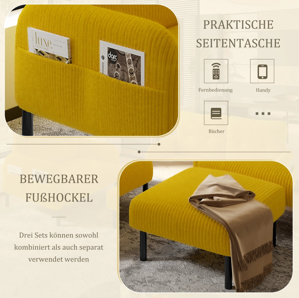 Set divano 2 posti, poltrona e pouf in velluto a coste giallo