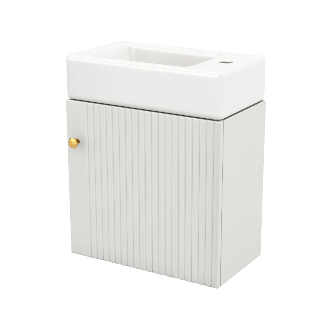 Mobile sottolavabo sospeso per bagno in MDF bianco con lavabo in ceramica