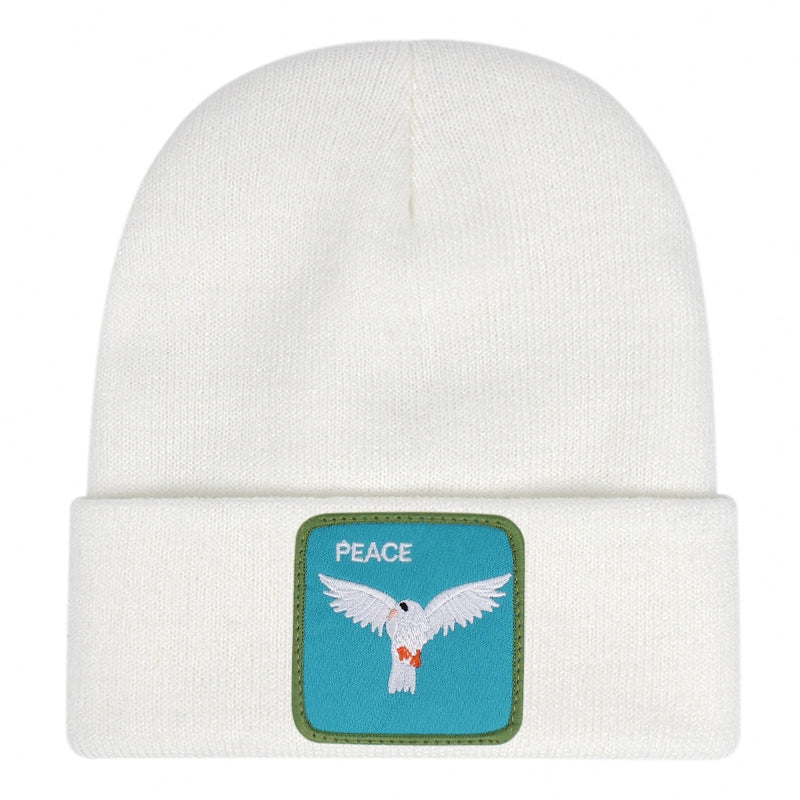 Berretto ricamato PEACE, lavorato a maglia con risvolto, bianco