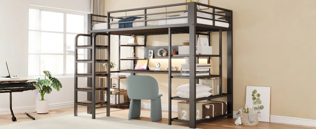 Letto a soppalco singolo 90 × 200 cm con scrivania, LED regolabile, prese integrate e ripiani, senza materasso, nero