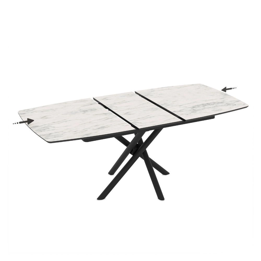 Tavolo allungabile Katrin con piano marmo bianco e gambe a stelo incrociate nere 138/178x90x76H