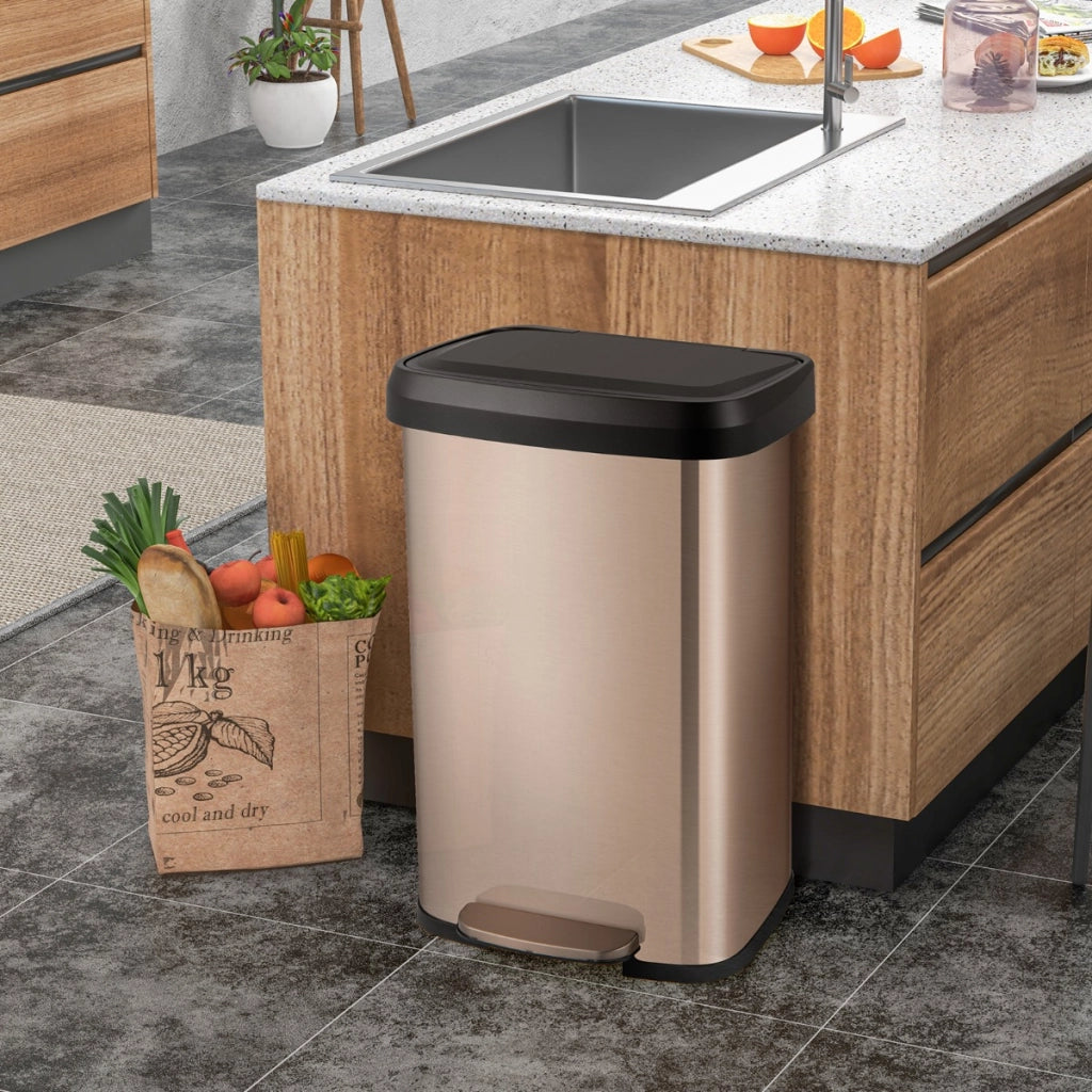 Cestino dell'immondizia in acciaio inox con coperchio con chiusura automatica, Bidone della spazzatura 50L Rosa doratoe-Organizzazione della cucina