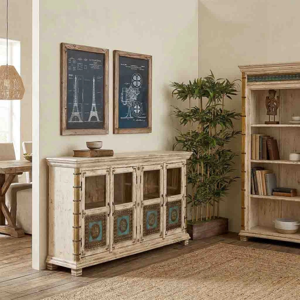 Credenza artigianale in legno bianco, 170x40x90h cm