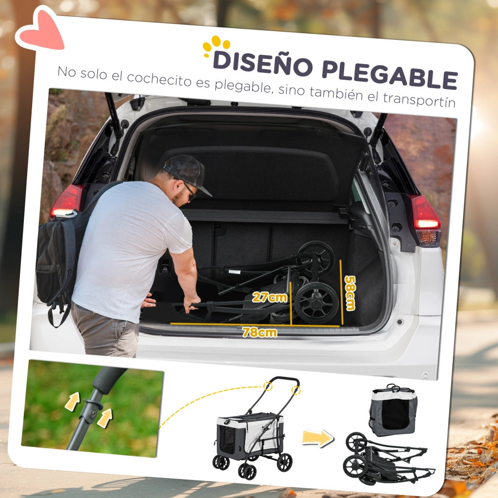 Passeggino per Cani Piccoli Pieghevole con Carrello Rimovibile 4 Porte con Cerniera ¨C Xylo ¨C Grigio