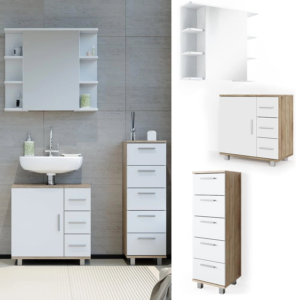 Set mobili bagno Ilias, Sonoma, 60 cm, composto da mobile sottolavabo, specchiera e mobile medio