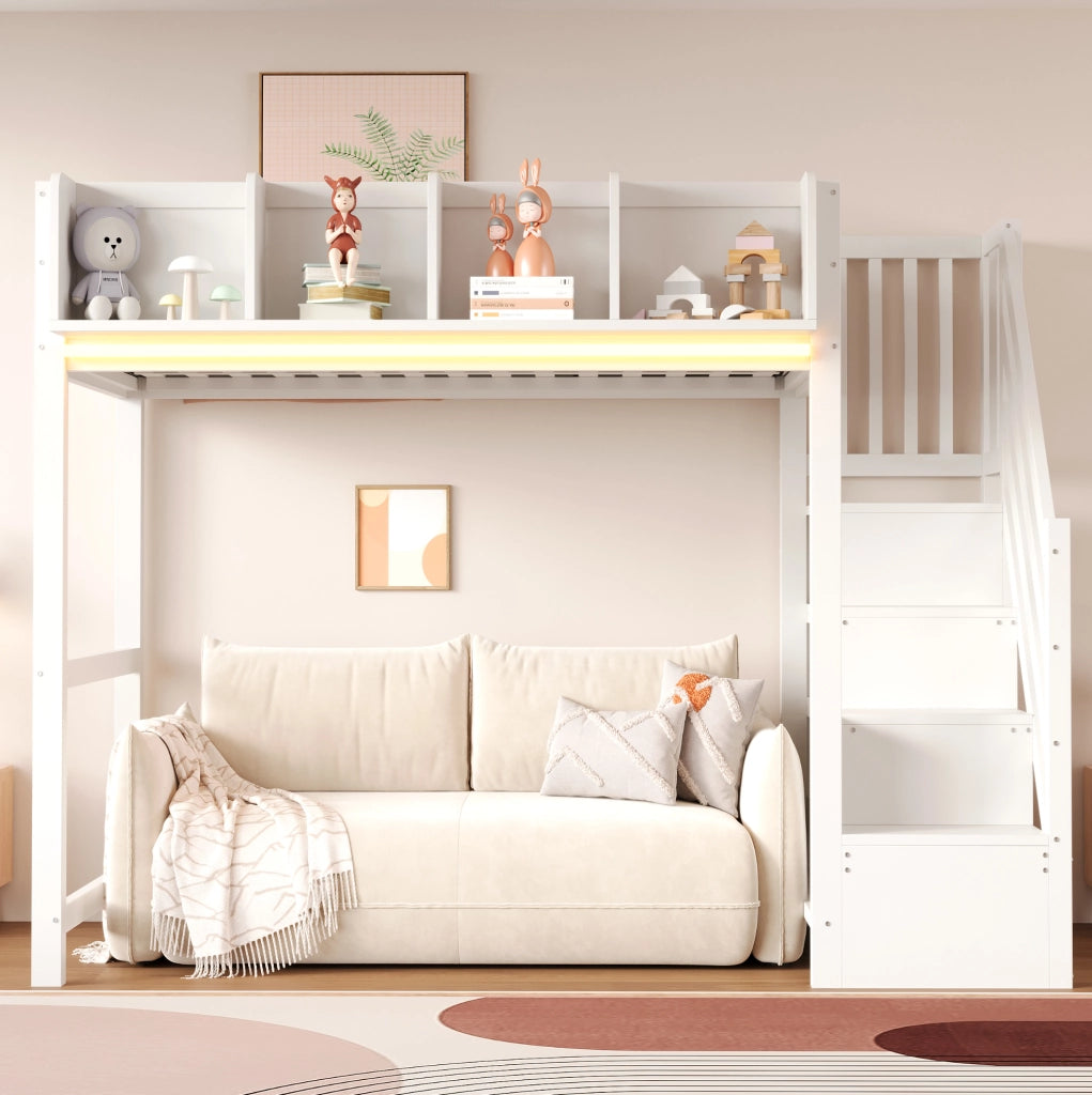 Letto a soppalco 90x200 cm con LED; scaletta e vani portaoggetti in legno bianco