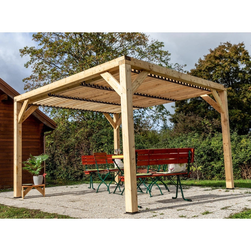 Pergola da giardino in legno 339x360 cm – Tettoia con tetto a doghe orientabili 12,2 m² – VT3436T Foresta