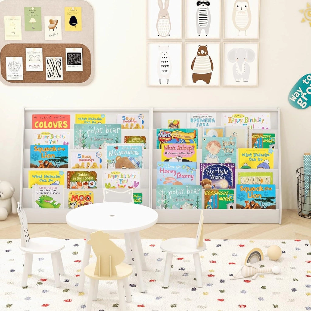 Libreria Montessoriana per Bambini a 5 Livelli, Scaffali Espositivi con Spazio Nascosto sul Retro e Antiribaltamento, per Cameretta, Soggiorno e Asilo Nido, 91 x 38 x 76,5 cm (Bianco)