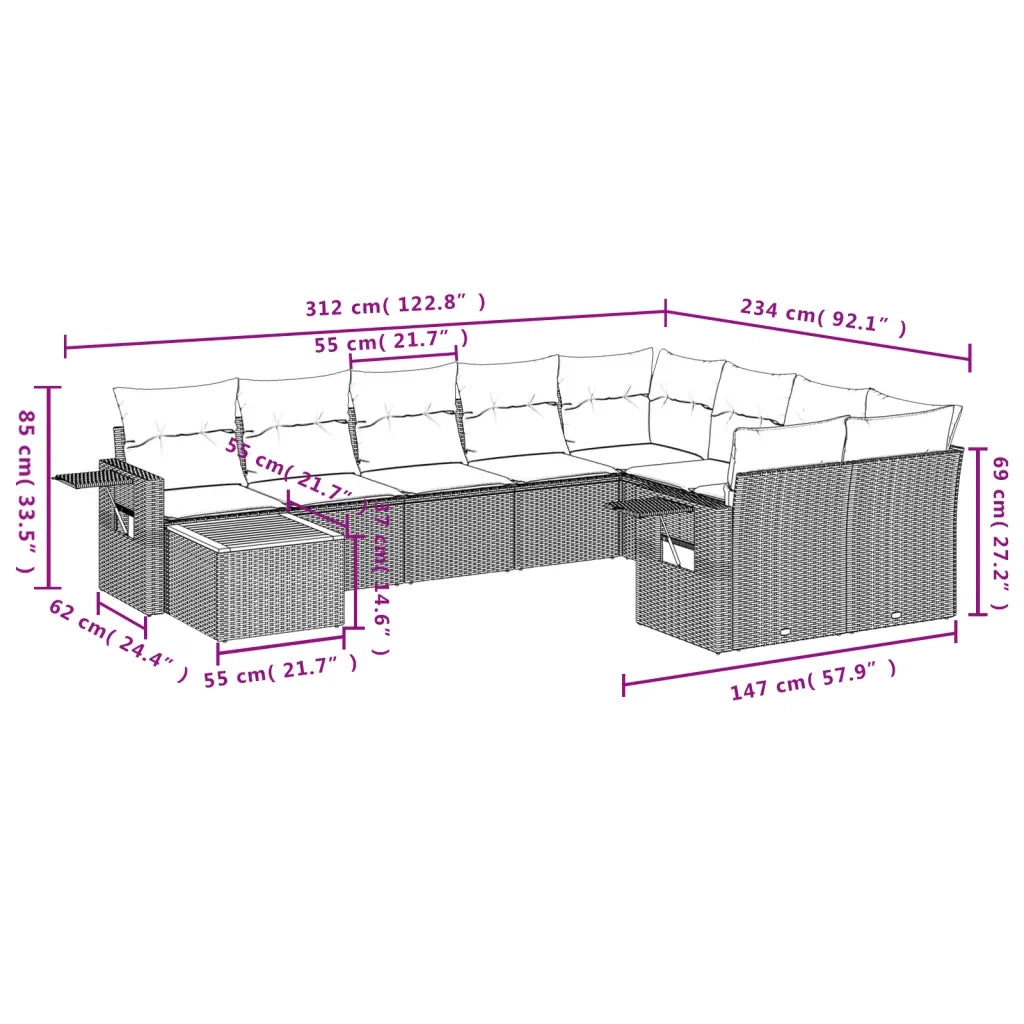 Set Divano da Giardino 10 pz con Cuscini Beige in Polyrattan 3224729