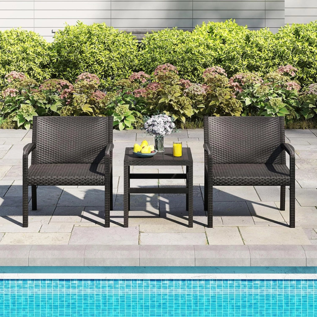 Tavolino e 2 Sedie in Rattan PP da Balcone, Set Giardino con Tavolino Quadrato e 2 Poltrone, Salotto da Esterno per Bordo Piscina (Nero)