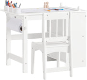 Tavolino Bambini con 1 Sedia, Set Tavolo e Sedie per Bambini Multiattività con 2 Ripiani, Tavolo Disegno e Gioco, Sedia Scrivania Cameretta Bianco 80x54x65,5cm KMB60-W
