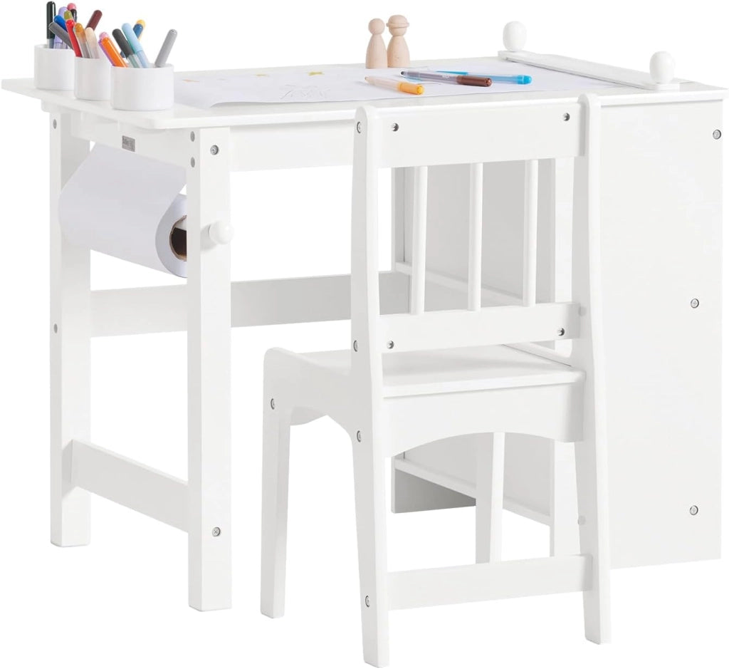 Tavolino Bambini con 1 Sedia, Set Tavolo e Sedie per Bambini Multiattività con 2 Ripiani, Tavolo Disegno e Gioco, Sedia Scrivania Cameretta Bianco 80x54x65,5cm KMB60-W