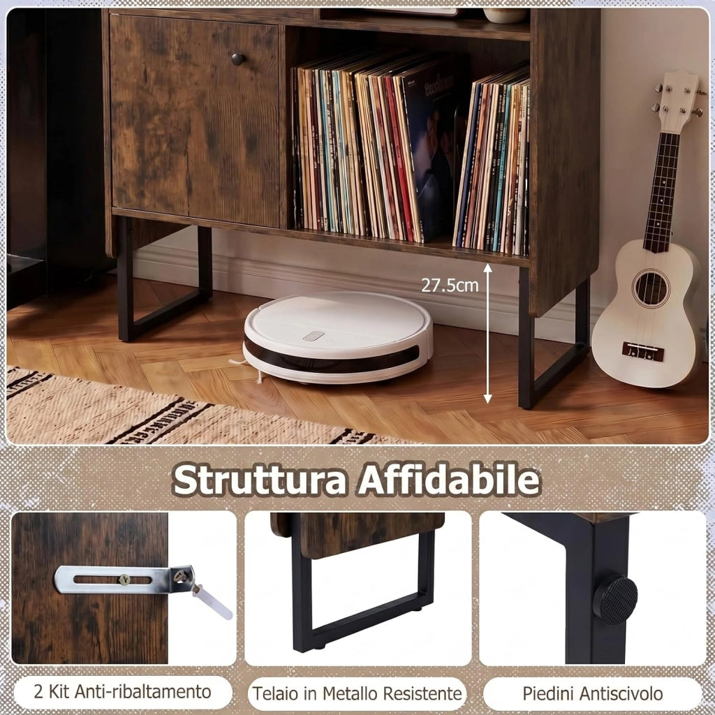 Mobile Giradischi con Stazione di Ricarica, Supporto Porta Vinili e Dischi, Tavolino con Armadietto e Scomparti Aperti, Stile Vintage, in Legno e Metallo, 80 x 35,5 x 85,5 cm