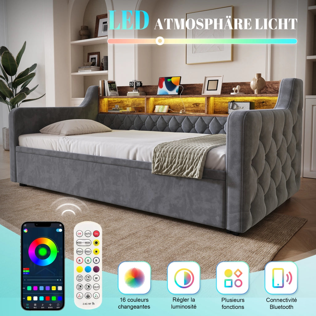 Letto divano estraibile 90 × 190 cm con contenitore, illuminazione LED, USB e Type-C, senza materasso, grigio scuro