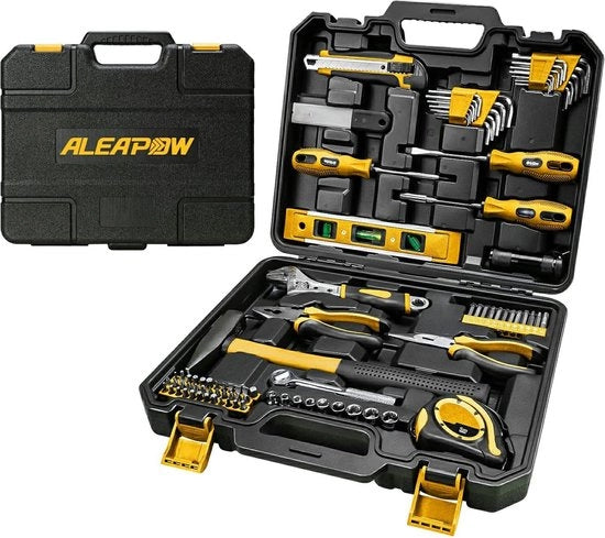 Set di attrezzi, 102 pezzi di attrezzatura domestica con chiave inglese, malletta, pinza, chiave a serramanico e attrezzi standard, ideale per officina e casa, MTH100 giallo