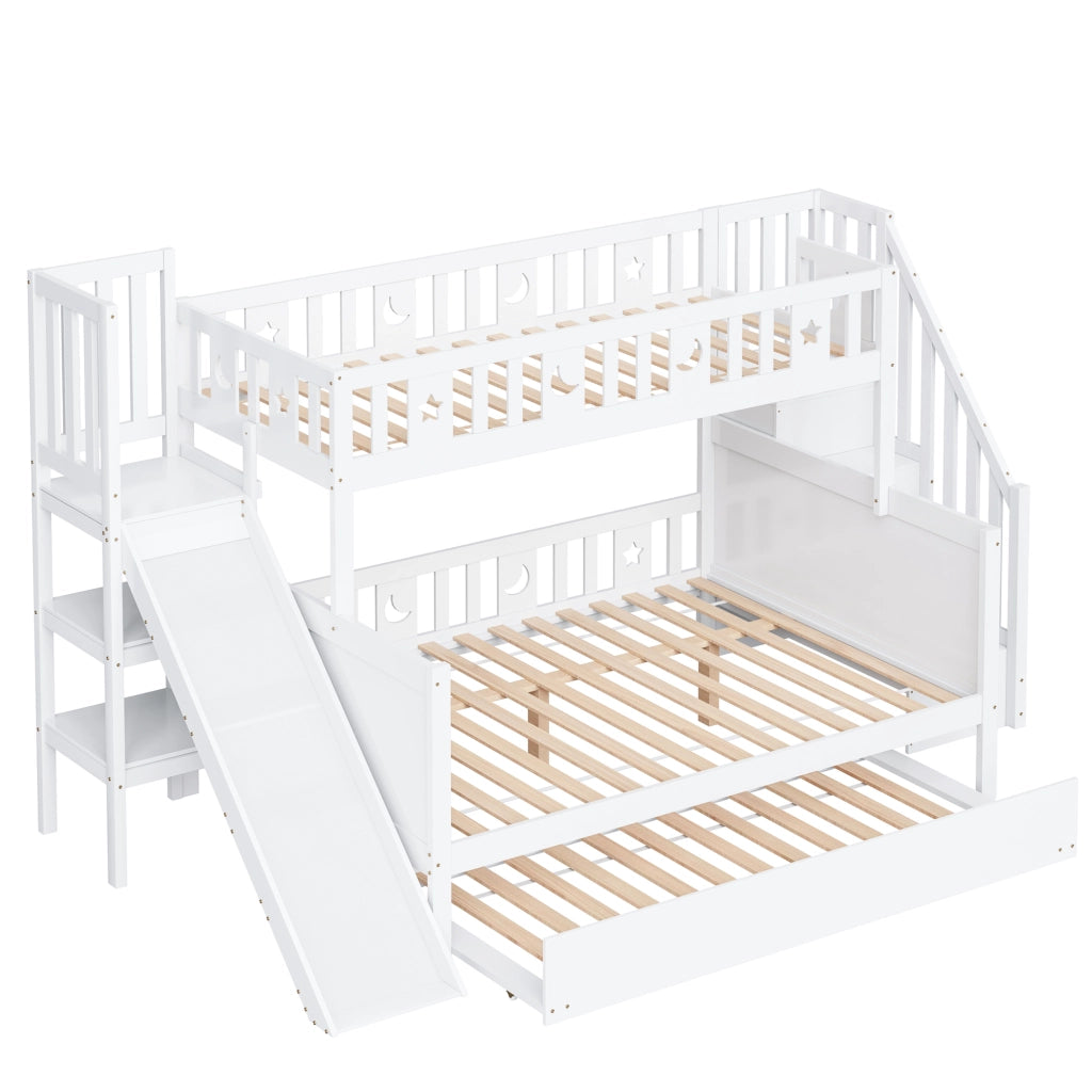 OKWISH Letto a Castello 90×200 cm e 140×200 cm, Letto 3 Posti con Contenitori, Letto Estraibile, Scala e Scivolo, senza Materasso, Bianco