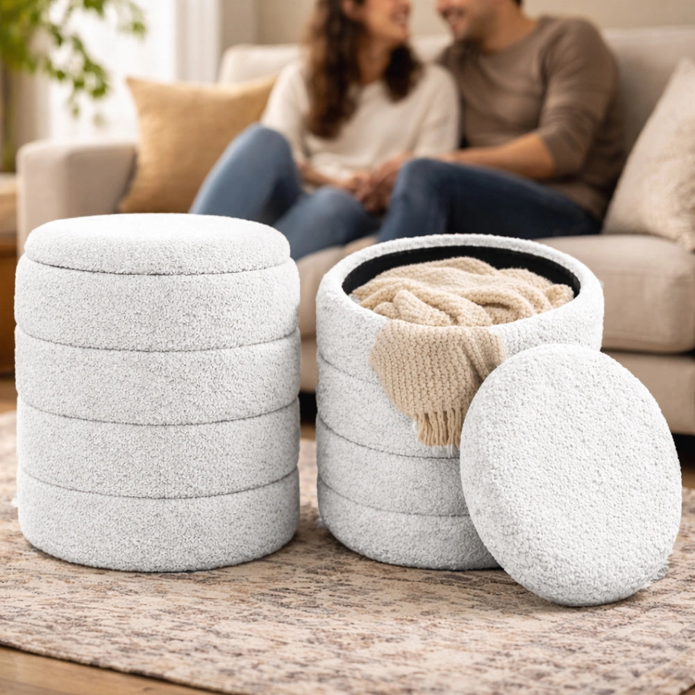 Set 2 Pouf Contenitori Rivestimento Bounclè Bianco Seduta Imbottita Ergonomica