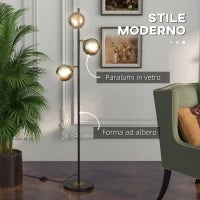 Lampada da Terra in Metallo ad Albero con 3 Paralumi in Vetro, Ø36x162 cm, Nero e Grigio