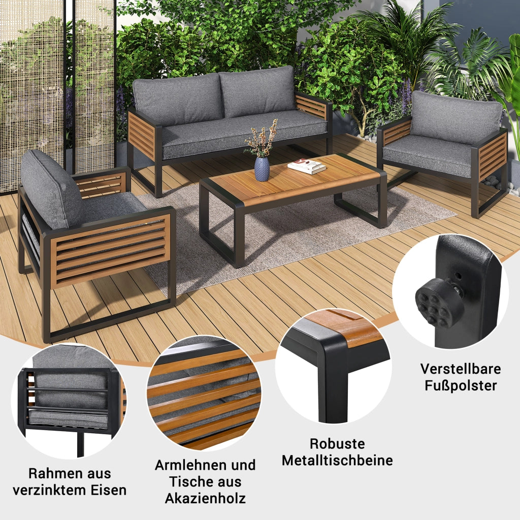 Set Salotto da Giardino 8 Pezzi con Tavolo, Divani e Sedie ¨C MINIMAL ¨C Polyrattan, Grigio, Braccioli in Legno
