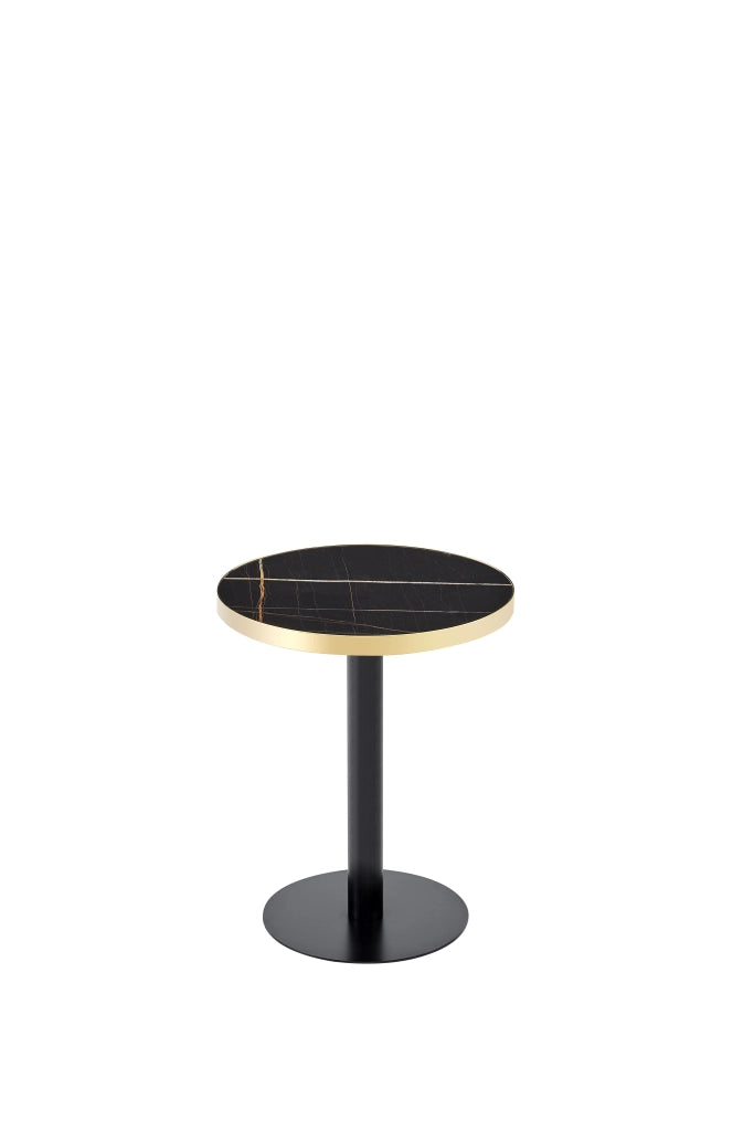 Tavolino basso rotondo effetto marmo con bordo dorato, in MDF e metallo, per soggiorno e camera, nero, Ø 60 cm × 73,7 cm
