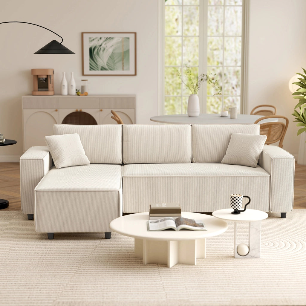 Divano Angolare 3 Posti in Tessuto Velluto ¨C Zephmum ¨C Bianco Crema 241x153x83