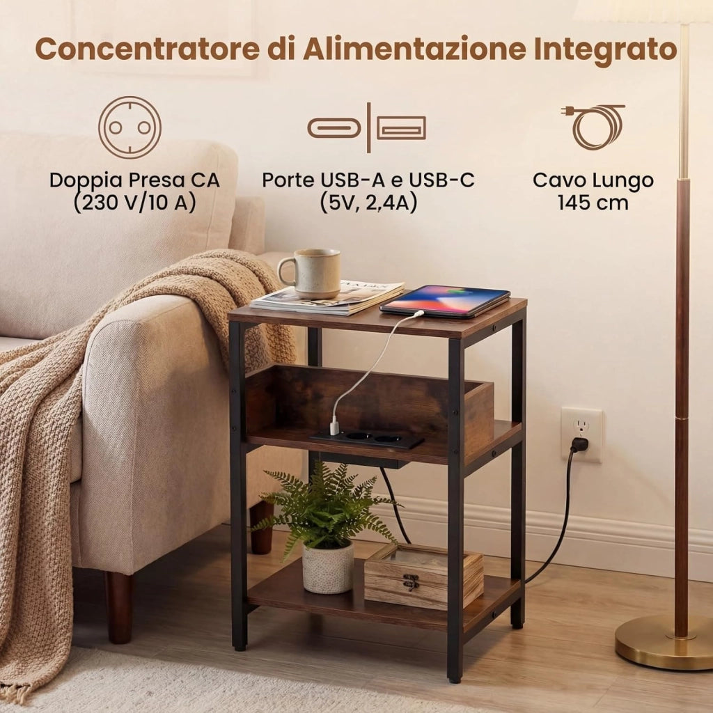 Tavolino Laterale a 3 Livelli con Stazione di Ricarica, Comodino con Presa Elettrica, Porte USB e Ripiani Aperti, Tavolino Stretto 40 x 30 x 61 cm, Tavolino da Salotto e Camera da Letto