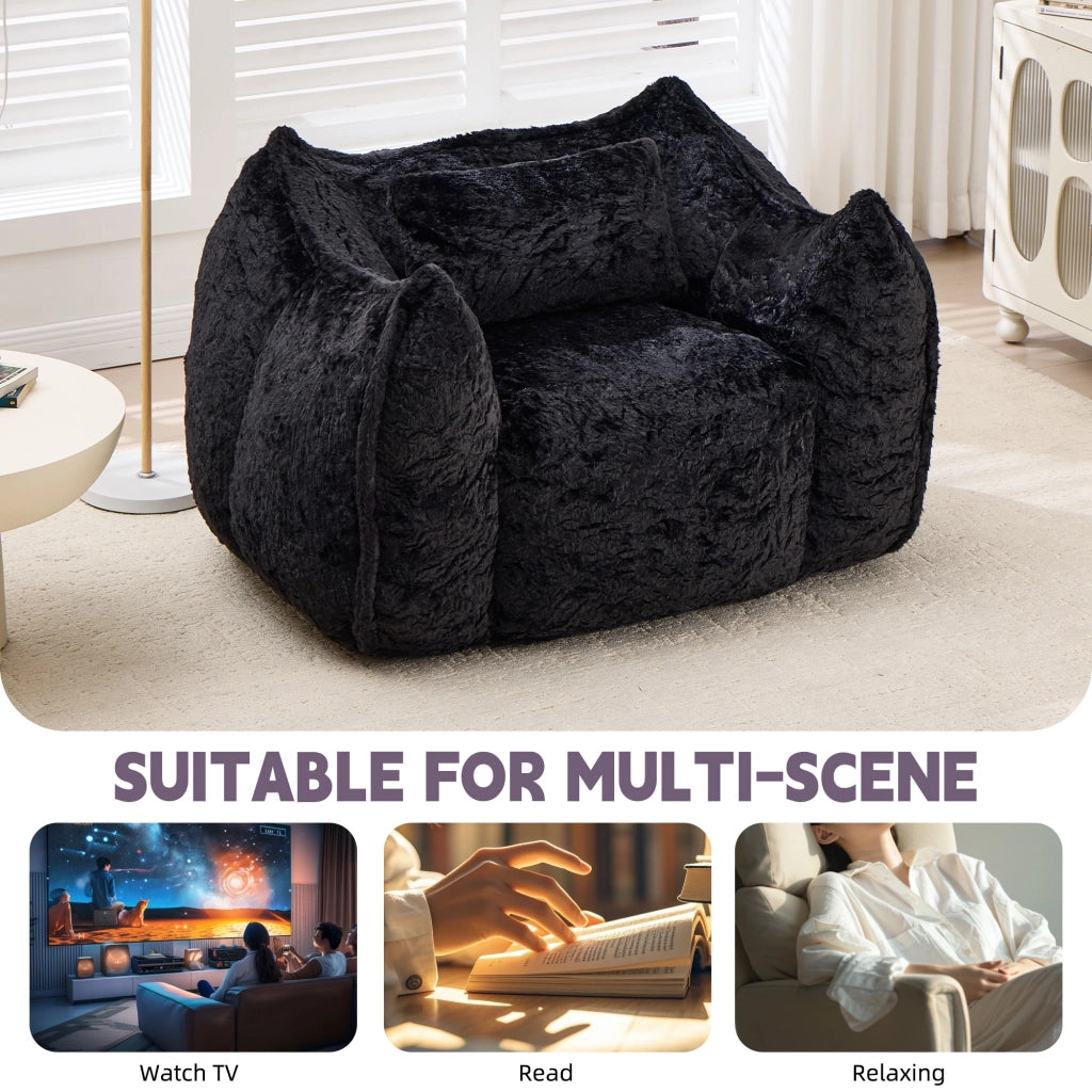 Pouf poltrona in pelliccia sintetica con schienale ergonomico e imbottitura in schiuma senza montaggio nero