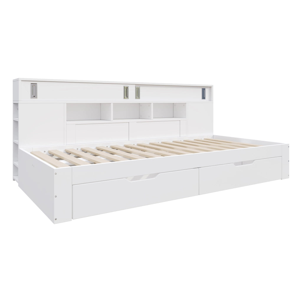 Letto singolo 90x200 cm in MDF bianco con cassetti, ripiani e armadietto, senza materasso
