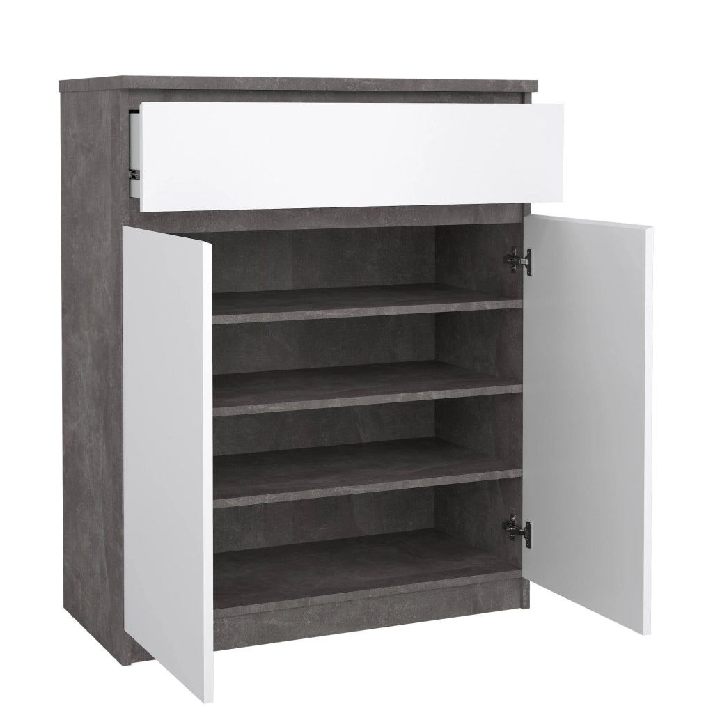 Credenza Genziana, Buffet da soggiorno, Madia da salotto, Dispensa da cucina, 80x40 h100 cm, Cemento e Bianco lucido