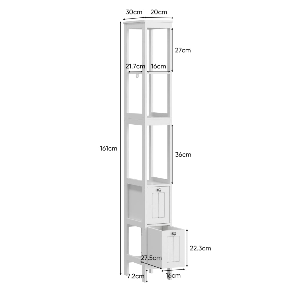 Mobiletto bagno stretto in MDF bianco con 2 cassetti e 3 ripiani, 20x30x160 cm
