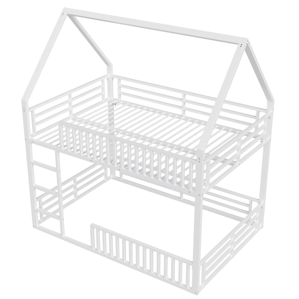 DESMIU Letto a castello casetta 140 × 200 cm 2 posti con LED, senza materasso, in metallo, bianco