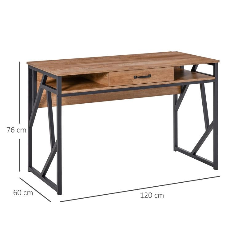 SCRIVANIA IN METALLO E MDF STILE INDUSTRIALE CON MENSOLE E CASSETTO, 120X60X76CM NERO MARRONE