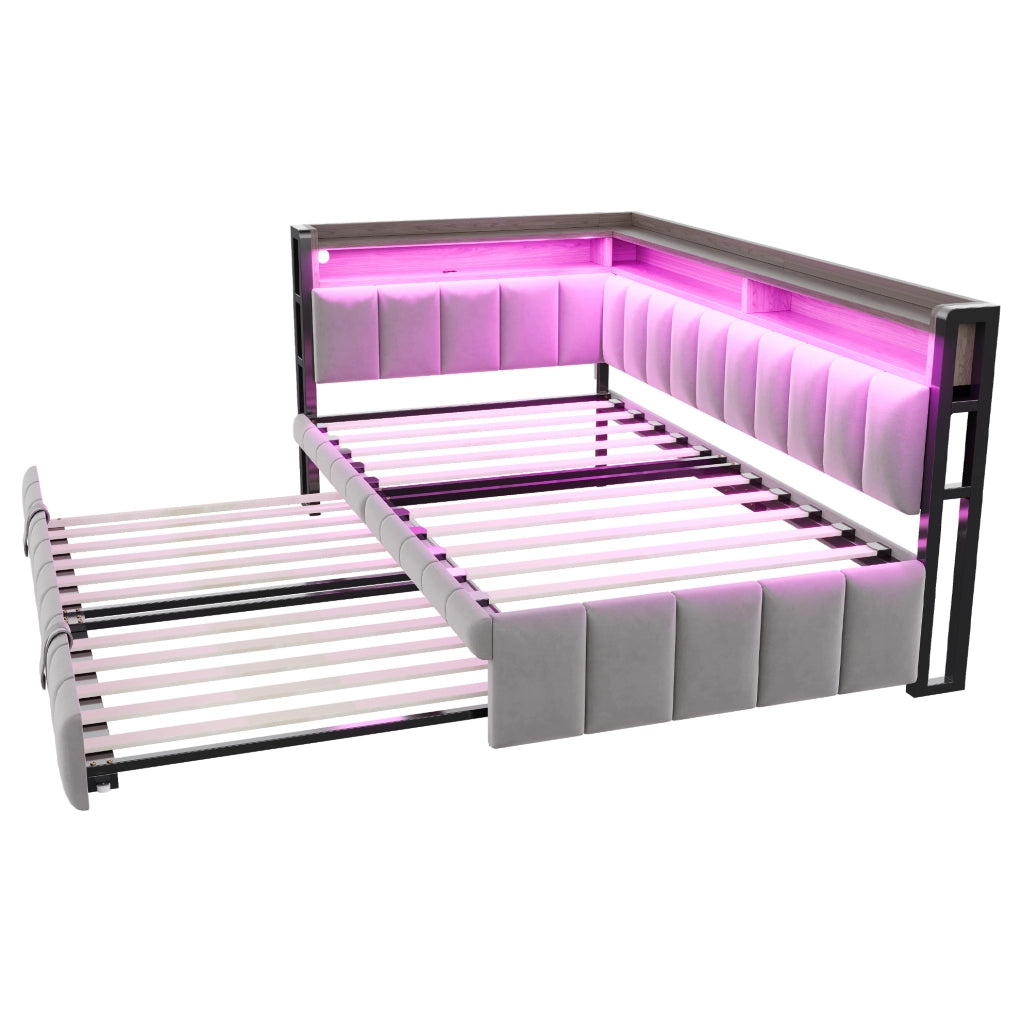 Divano letto 90x200 cm con letto estraibile, LED, USB e vani portaoggetti