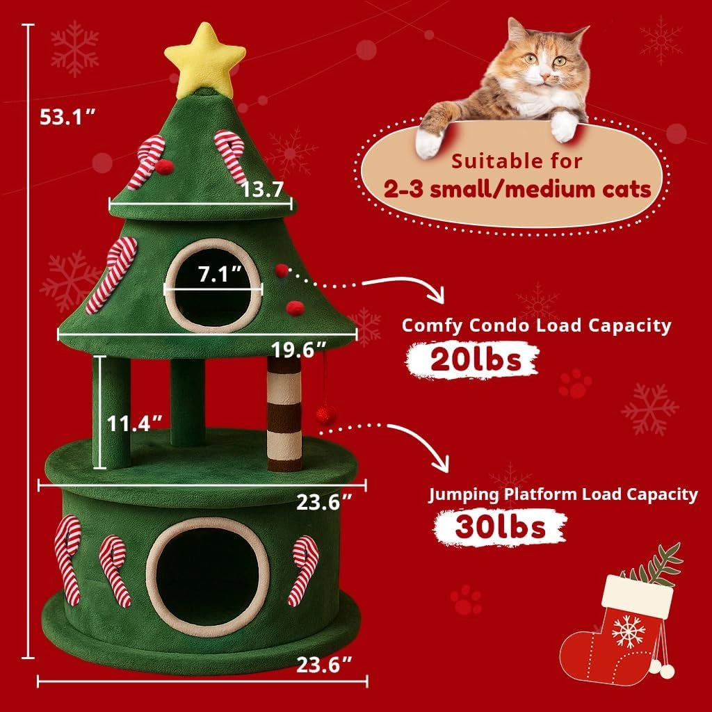 Kratzbaum alto 135 cm design albero di Natale, tiragraffi a più livelli con cuccia per gatti, piattaforme e palline da gioco, albero arrampicata stabile per gatti, verde