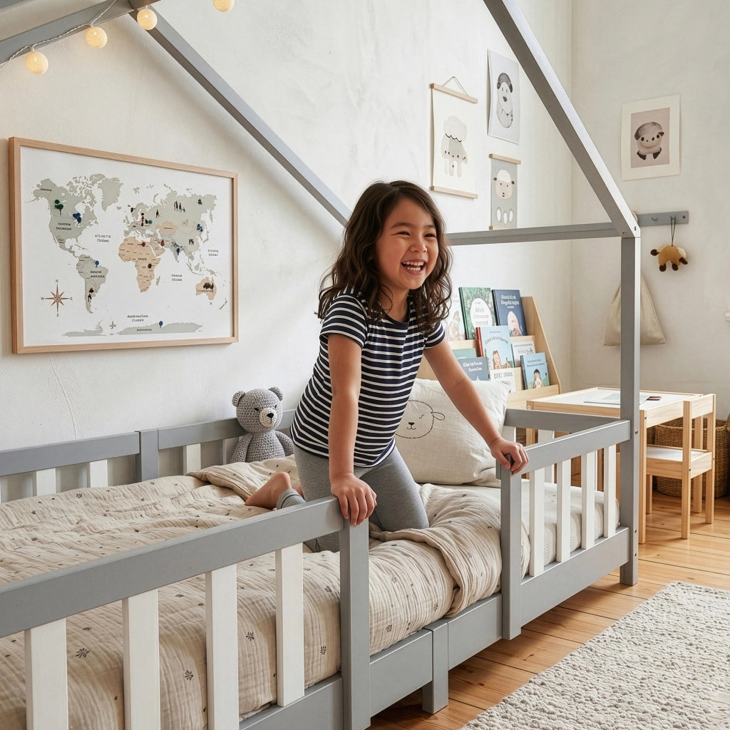 Letto per Cameretta Treviolo a Forma di Casetta in Stile Montessori con Materasso 90x200 cm - Grigio Chiaro/Bianco [en.casa]